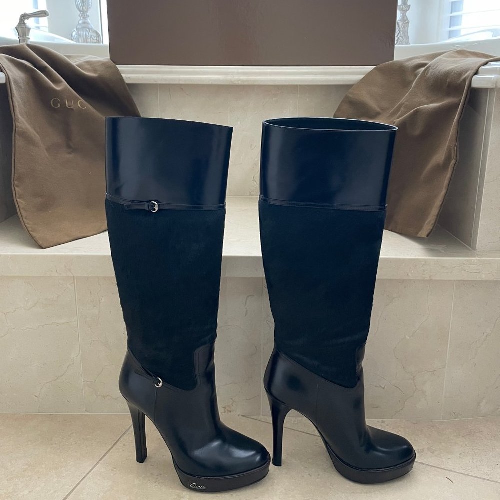 GUCCI Knee-High Black BABY LUX PONY Leather Boots